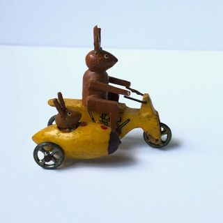 Vintage Wooden German Toy Rabbits On Motorcycle Sidecar Estate Giorgetti Pr