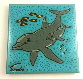 Happy Dolphin Family Cleo Teissedre Ceramic Turquoise Tile Trivet Vtg
