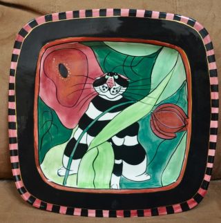 Lynda Corneille Swak Clancey Cat Plate With Leaves And Flowers