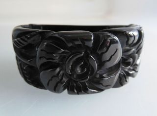 Vintage Carved Black Flower Plastic Hinged Clamper Bracelet