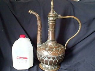 Antique Islamic Persian Arabic Copper Water Jug Urn Mid Eastern Silver Hammered
