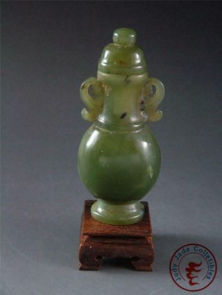 Antique Old Chinese Celadon Nephrite Jade Carved Bottle Vase Statue W/ Stand
