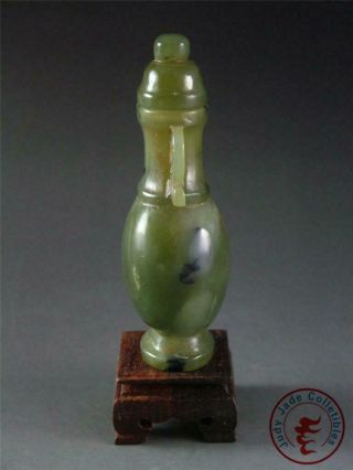Antique Old Chinese Celadon Nephrite Jade Carved Bottle Vase Statue w/ Stand 2