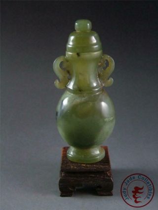 Antique Old Chinese Celadon Nephrite Jade Carved Bottle Vase Statue w/ Stand 3