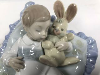 Lladro Spain Taking A Snooze Adorable Baby Boy & Bunny On Pillow Figurine 6791