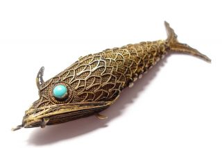 Large Antique Chinese Silver And Turquoise Fish Pendant