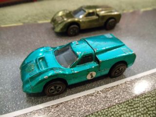Two Hot Wheels Redlines: 1968 Ford J - Car: Aqua And Olive Green - Great Filler