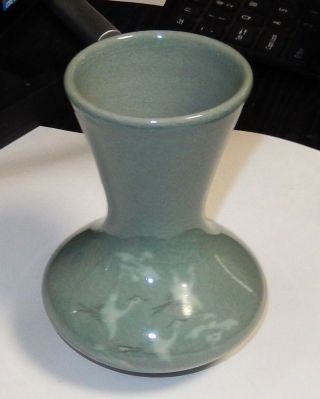 Small Celadon Crane Green Glazed Ceramic Pottery Korean Vase Signed By The Maker