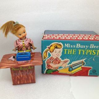 Miss Busy Bee The Typist Wind Up Tin Toy Kanto Japan Litho