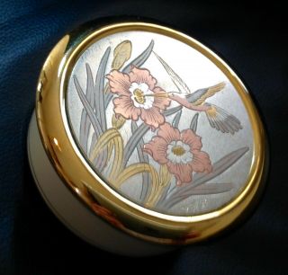 The Art Of Chokin White Trinket Box 24k Gold Edged W/a Hummingbird/ 3.  5 "