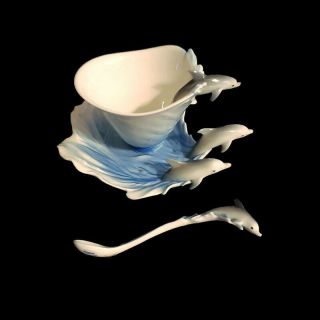 Franz Porcelain Jumping Dolphins Design Cup Saucer & Spoon Mib