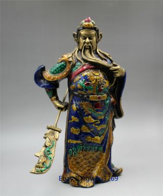 Chinese Brass Cloisonne Hand Carved Warrior Statue - Guan Gong W Qianlong Mark