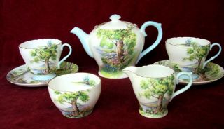 Vintage Shelley China " Tea For Two " Set With Teapot,  Woodland Pattern 13348