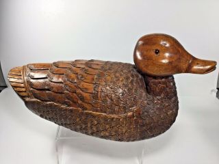 Vintage,  Hand Carved Ornate Wood Duck Decoy,  Tip,  1989,  15 - 1/4 " X 6 " X 7 - 1/4 "