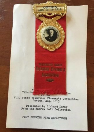 1915 N.  Y.  State Volunteer Fireman‘s Conv.  Port Chester Button Ribbon Fire Depart
