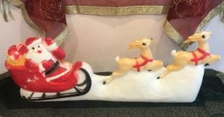 Vintage Christmas Santa Claus Sleigh Reindeer Blow Mold Union Products Usa 31”