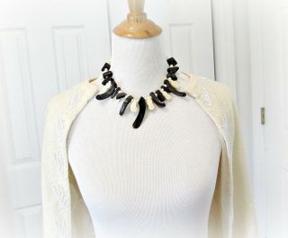 Vintage Hawaiian Fossilized Black Coral And Carved Bone Bib Statement Necklace