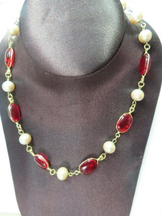 Vintage Miriam Haskell Hand Wired Pearl & Red Glass Necklace 17 "