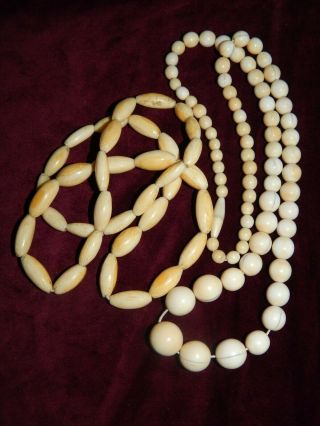 2 X Long Antique Chinese Carved Bovine Bone Bead Necklaces - 80g 32 " & 29 "