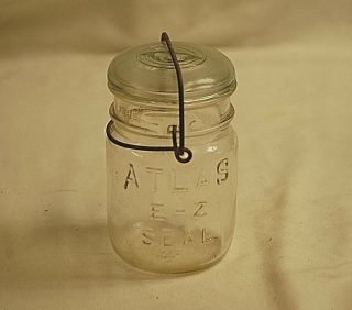 Old Vintage 1 Pt.  Atlas E - Z Seal Clear Glass Canning Jar W Wire Bail & Glass Lid
