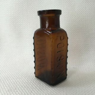 Vintage Brown Amber Poison Embossed Bottle Square Ribbed Small 2 5/8 "
