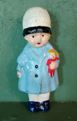 Vintage Metal Toy Figurine,  Little Girl In A Blue Coat,  Hat,  Boots With A Doll