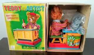 Vintage Battery Operated Teddy The Artist,  Mib,  1959 Japan,  Complete,  Great