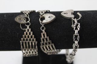 3 X Vintage.  925 Sterling Silver Gate Bracelets Inc.  Heart Padlock Clasps (52g)