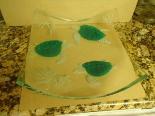 Signed Juan Vargas 13 " Art Glass Bowl Green Sea Turtles Hand Etched Mexico