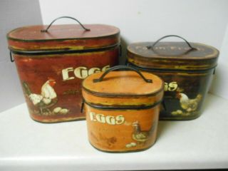 3 Pc Farm House Style Large Chicken Rooster Nesting Metal Storage Tins Eggs