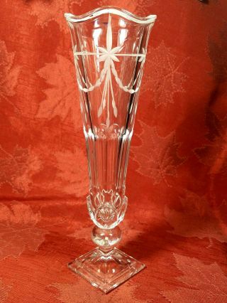 Vintage Abp Lead Crystal Cut Glass Trumpet Bud Vase Square Bottom 9 " X2 7/8 "