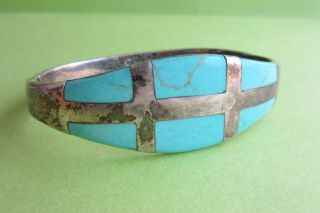 Vintage Mexican Sterling Silver Turquoise Hinged Bangle Bracelet