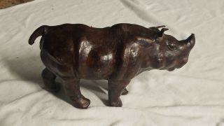 Vintage Brown Leather Wrapped Rhinoceros Animal Figure Statue Rhino Art Safari