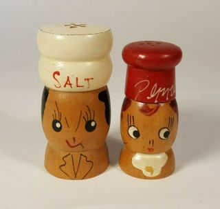 Vintage Wooden Salt & Pepper Shakers Mr.  & Mrs.  Chef With Red And White Hats