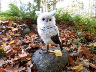 Plush Furry Feather Grey White & Brown Owl Tabletop Figurine 12 "