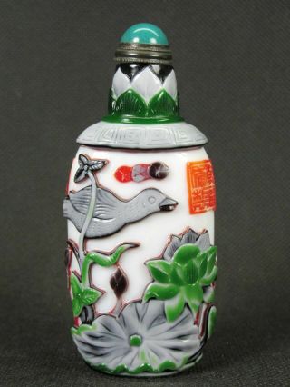 Chinese Flower Bird Carved Peking Overlay Glass Snuff Bottle