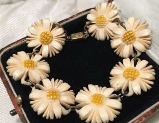 Vintage Art Deco Jewellery Gorgeous Carved Daisy Flower Links Bracelet