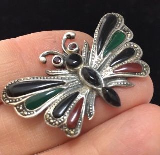 Vintage Jewellery Sterling Silver & Agate Cabochon Butterfly Brooch