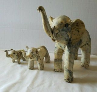 3 Vintage Handmade Elephant Figurines Made Of Crushed Oyster Shells