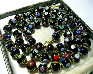 Lovely Black Millefiori Venetian Murano Glass Bead Long Vintage Style Necklace