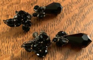 Vintage Miriam Haskell Screwback Clip On Dangle Earrings - Jet Black
