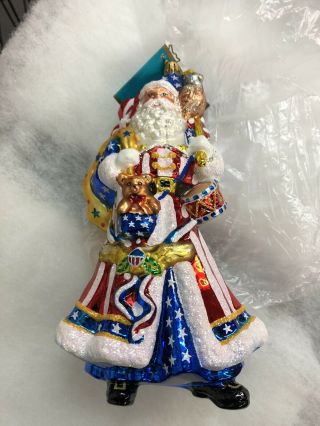 Large Christopher Radko Santa,  Independence Clause Christmas Ornament Plus Stand
