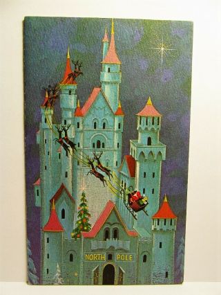 Vintage Christmas Card,  Santa Sleigh & Reindeer,  North Pole Castle
