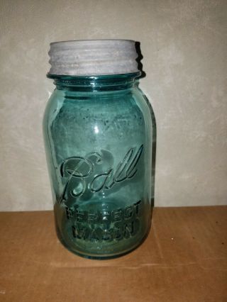 Vintage 13 Blue Ball Perfect Mason Quart 1923 - 1933 Jar With Zinc Lid