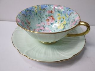 Shelley Melody Chintz Footed Oleander Tea Cup And Saucer Floral Green Gold