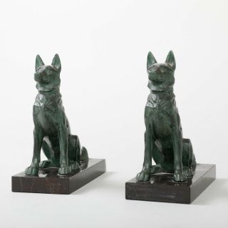Vintage French Art Deco Spelter & Marble German Shepherd Dog Bookends 6.  75 " Tall