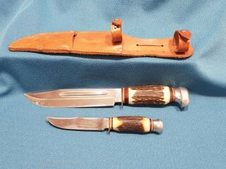 Vintage Mer Solingen Hunting Knife Set W/ Leather Sheath 12 " Long Stag Handle