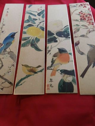 Antique Japanese 4 Panels Hand Painted Birds Signed Box Takashimaya