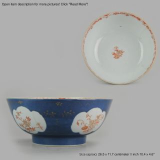 Large Antique 18th C Chinese Porcelain Powder Blue Bowl Flowers Copper Kangxi