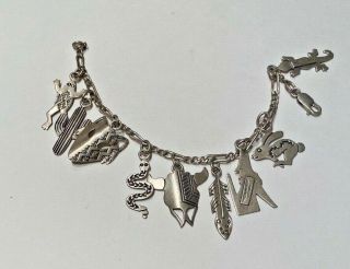 Southwestern Native Sterling Silver Charm Bracelet With 9 Charms - 7 Inches